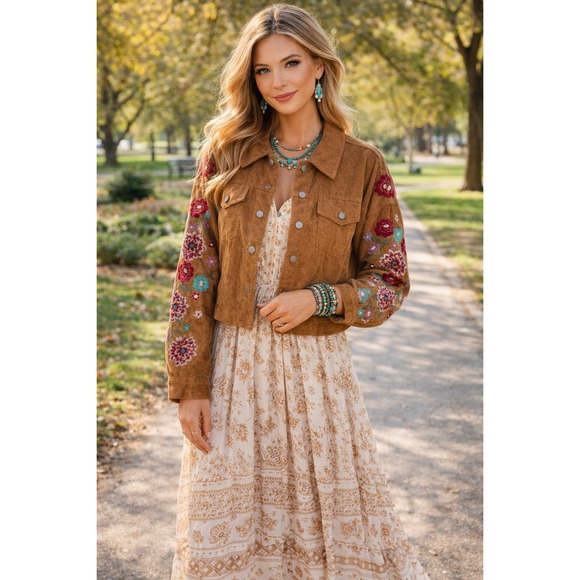 Savanna Jane Jackets & Blazers - Savanna Jane Womens Corduroy Floral Embroidered Boho Chic Hippie Shacket Large